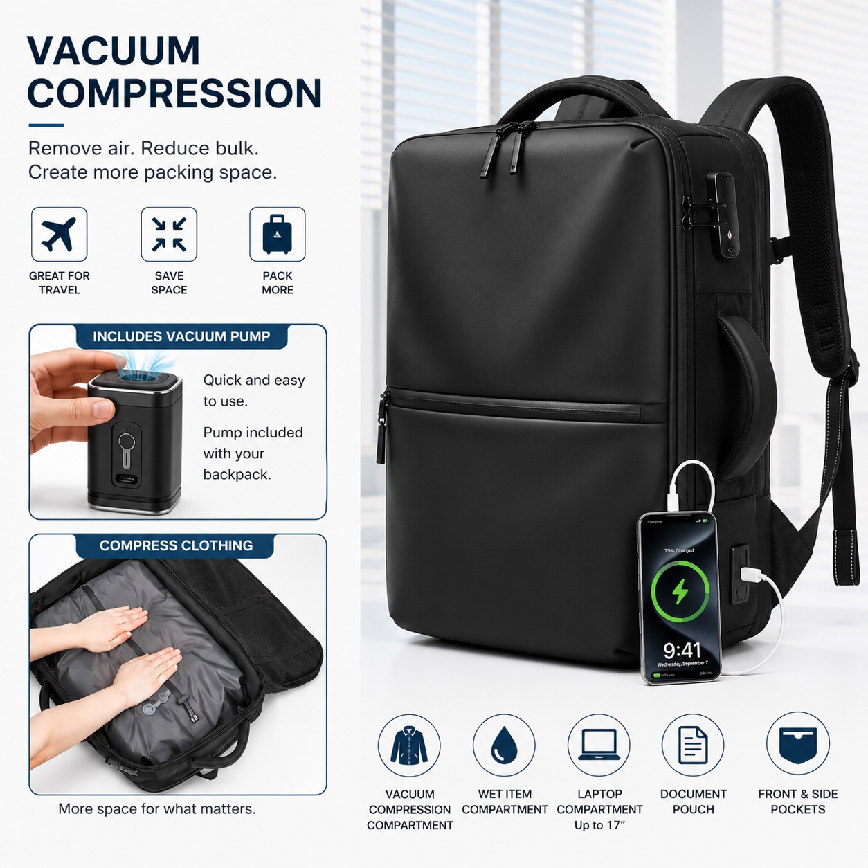 RZTX Vacuum Compression Travel Backpack + Air Pump.